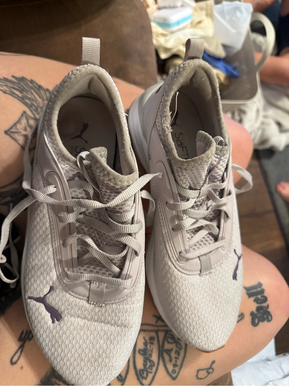 Puma Women's Light Beige Lace-Up Athletic Sneakers with Purple Logo